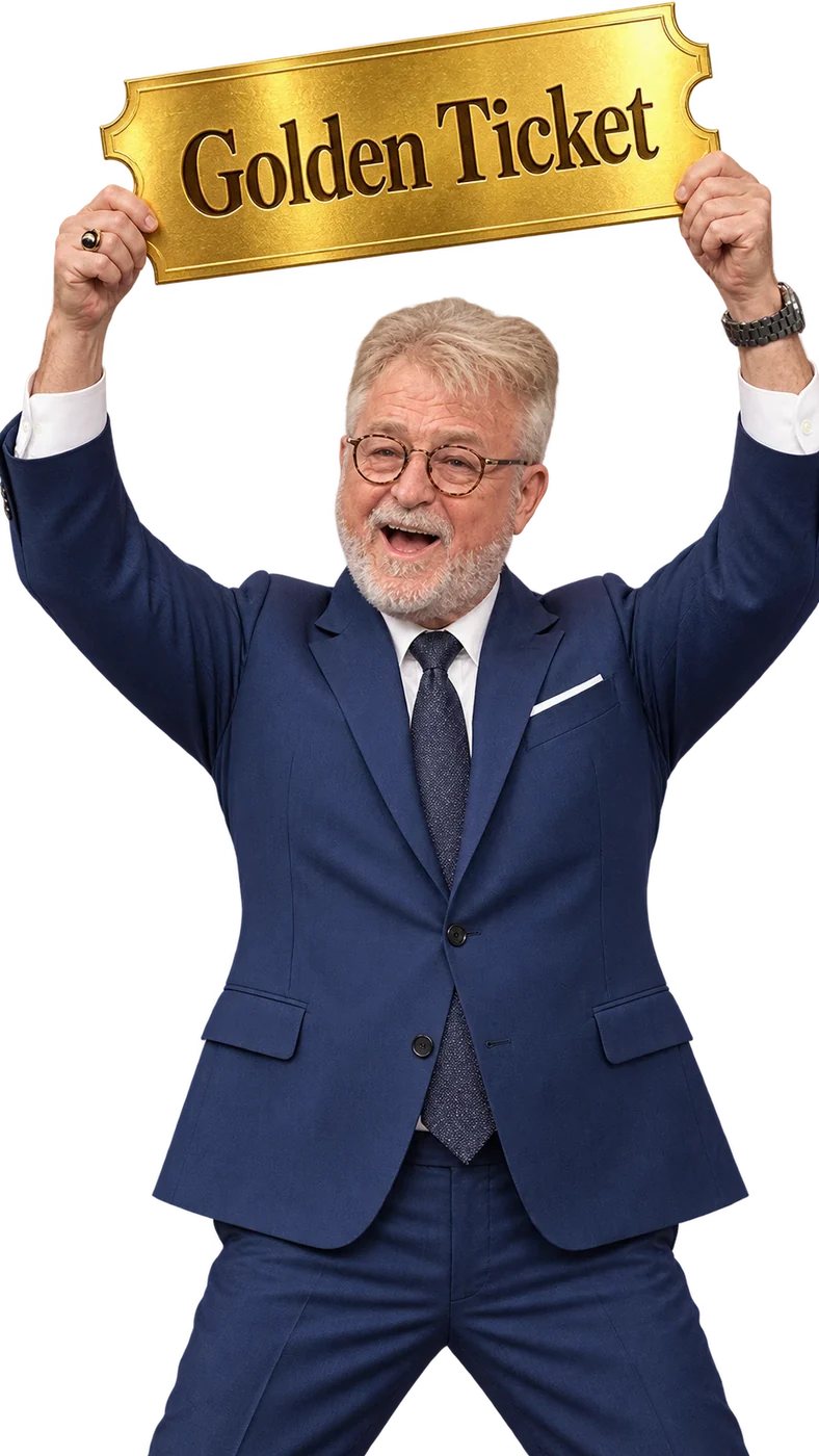 Uncle G in a navy suit holding a giant Golden Ticket over his head