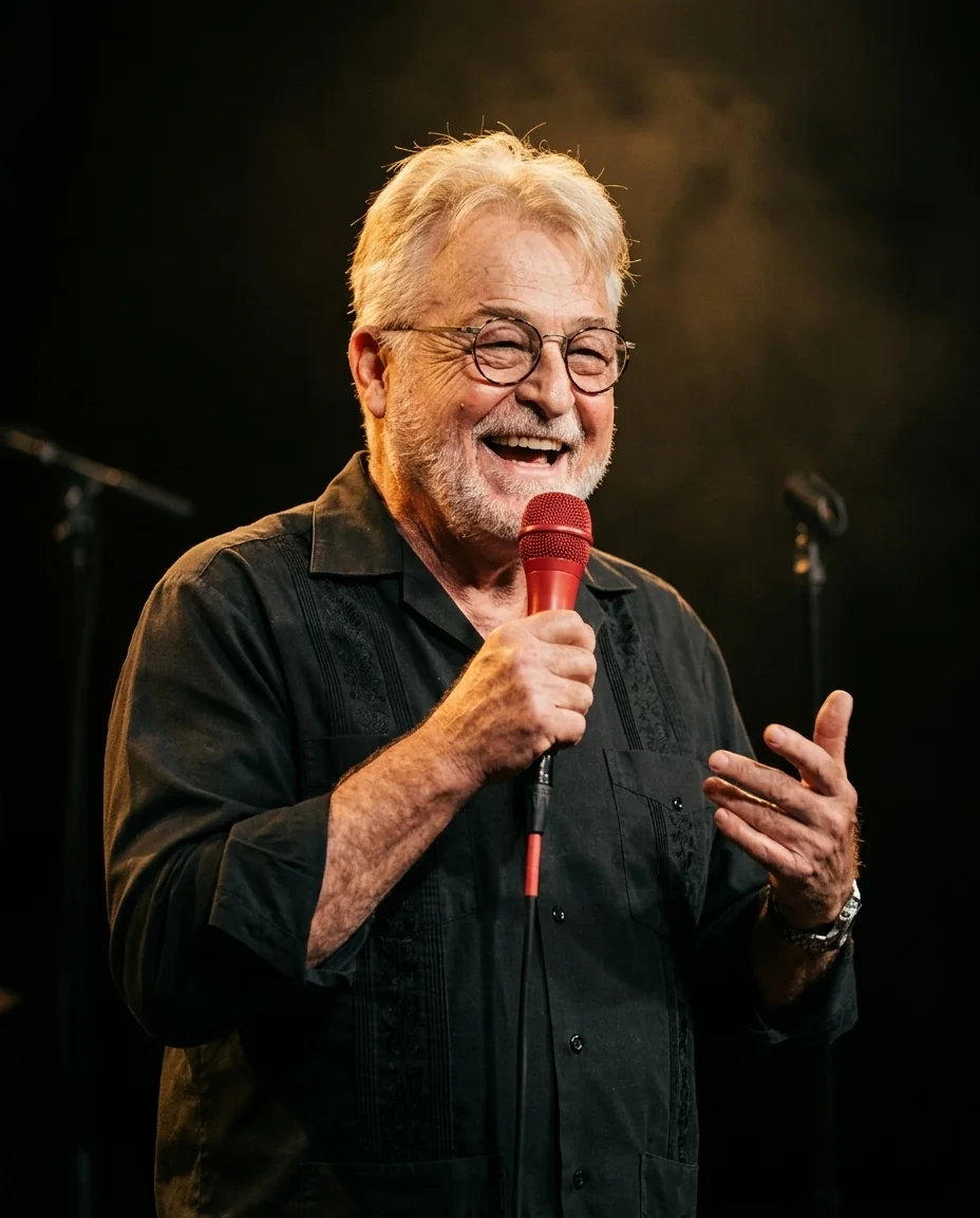 Uncle G laughing on stage with a red microphone